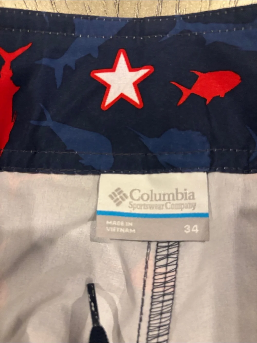 Columbia Men's Navy and Red Shark Print Board Shorts built in Bottle opener
